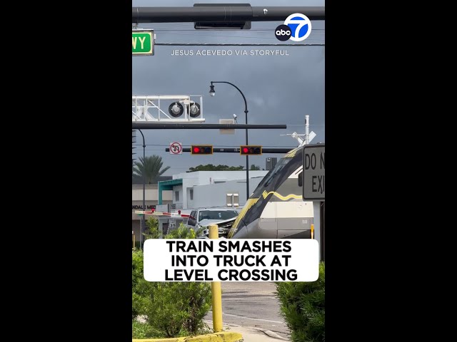 ⁣Train smashes intro truck at level crossing