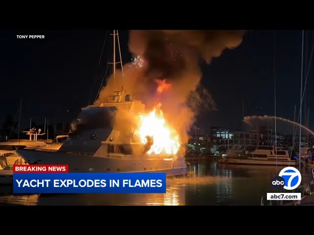 ⁣Luxury yacht sinks after taking heavy damage from fire at Marina del Rey