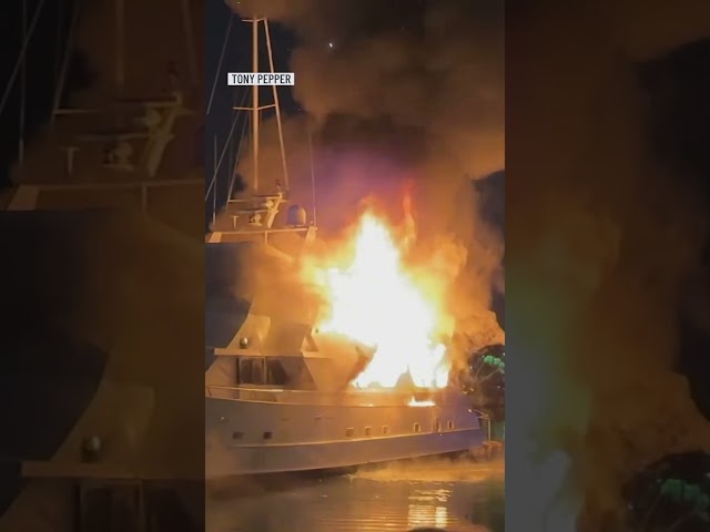 ⁣Yacht goes up in flames in Marina del Rey