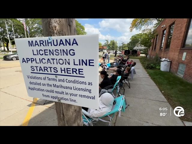 ⁣Line of people wait for weeks in Redford hoping for a marijuana license