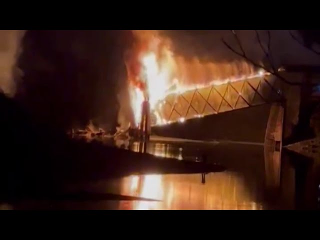 ⁣Kamloops' Red Bridge collapses in fire