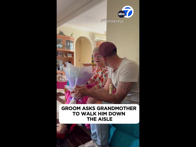 ⁣Tender moment groom asks his grandma to walk him down the aisle