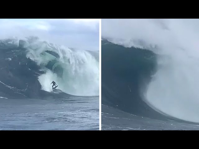 ⁣Surfer wipes out in 'gnarly' monster wave and survives