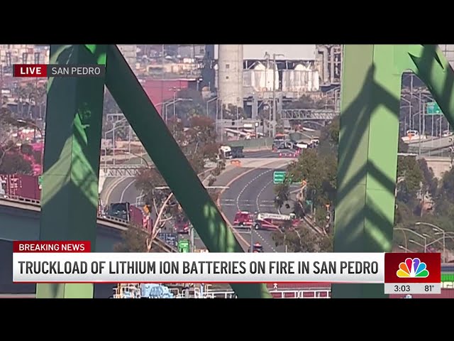 Truckload of lithium ion batteries on fire in San Pedro