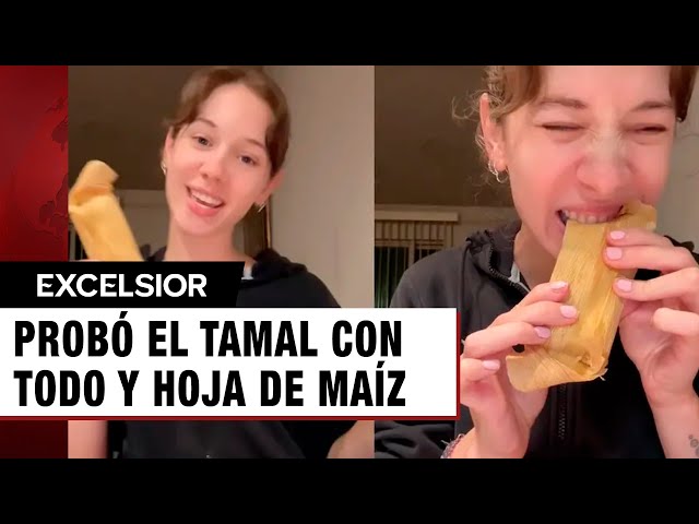 ⁣Extranjera prueba tamales por primera vez; se los come con hoja de maíz