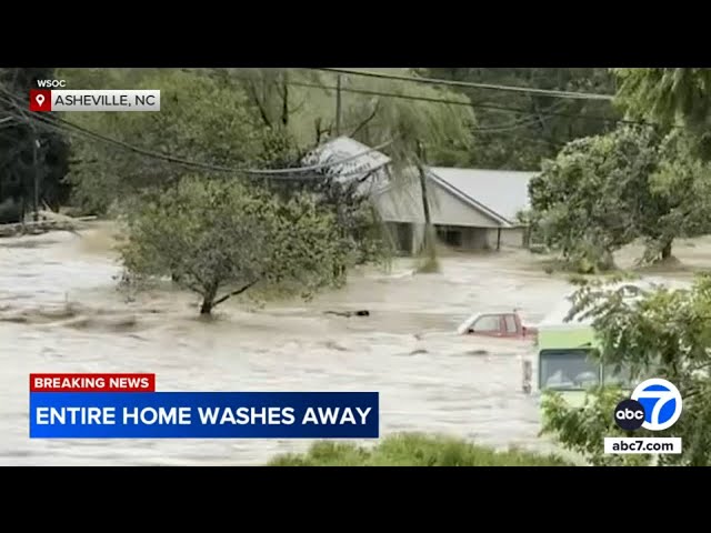 ⁣House floats away, collapses as Helene leaves North Carolina under water