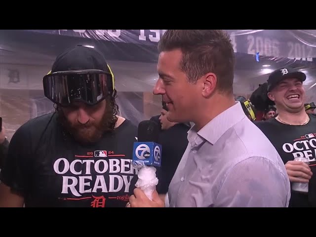 ⁣Jason Foley celebrates in Tigers clubhouse after Detroit clinches postseason berth