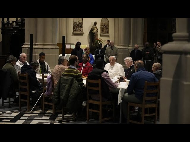 ⁣Pope Francis meets with homeless and undocumented people in Brussels church