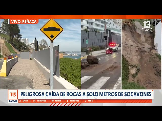 ⁣Peligrosa caída de rocas a solo metros de socavones en Reñaca