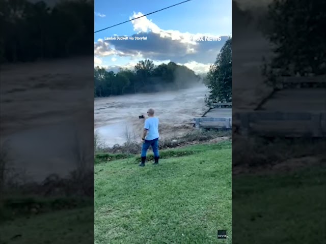 ⁣Video shows a bridge in Tennessee collapsing amid powerful floods from Hurricane Helene's remna