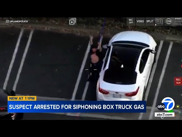 ⁣Upland police video shows arrest of man accused of drilling into box truck to steal gasoline