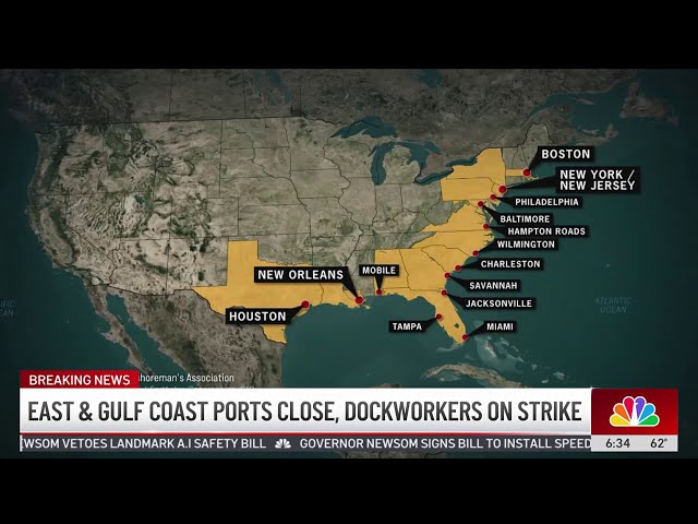 ⁣East and gulf coast ports close, dockworkers on strike