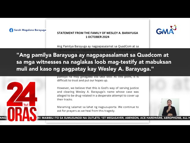 ⁣Biyuda ni ex-PCSO Board Sec. Barayuga, nagpasalamat sa reopening ng imbestigasyon | 24 Oras