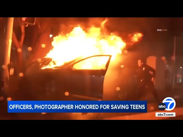 ⁣LAPD officers, photographer honored for saving teens from fiery crash in Encino