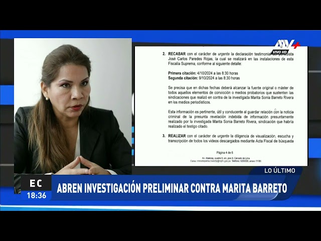 ⁣Ministerio Público abre investigación preliminar contra Marita Barreto