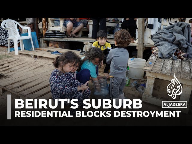 ⁣Residential apartment blocks in Beirut's southern suburb destroyed by Israeli air strikes