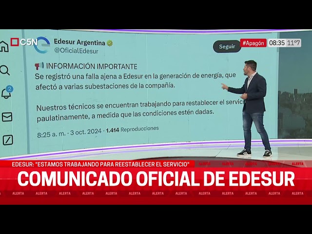 ⁣COMUNICADO de EDESUR ante el CORTE MASIVO de ENERGÍA en ZONA SUR y PARTE de CABA