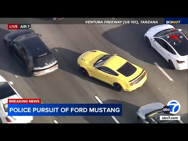 ⁣Assault suspect in Mustang drives on shredded tire during LA chase