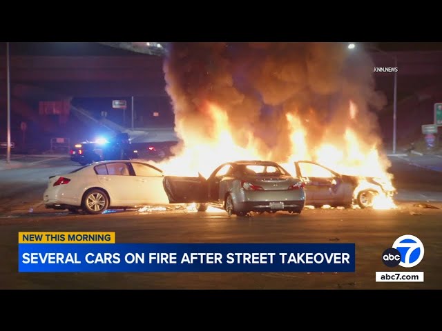 ⁣Pacoima street takeover ends with several cars on fire