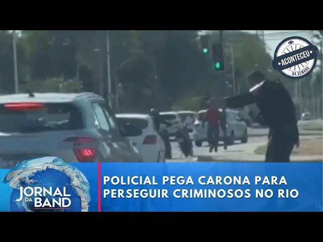 ⁣Aconteceu na Semana | Policial pega carona em motocicleta para perseguir criminosos no Rio