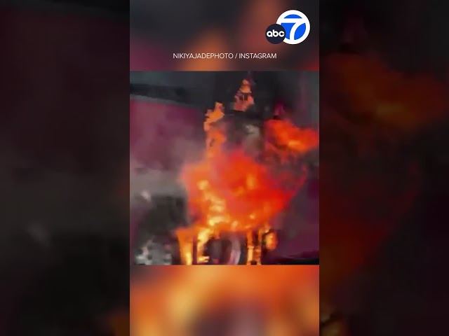 ⁣Video shows charter bus engulfed in flames on 405 Freeway following crash