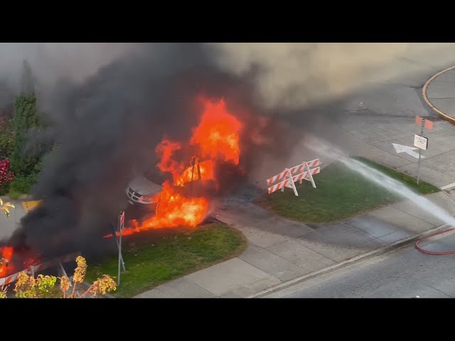 ⁣Man arrested after setting minivan on fire outside Vancouver City Hall