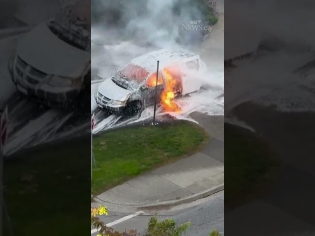 ⁣Minivan set on fire outside Vancouver City Hall