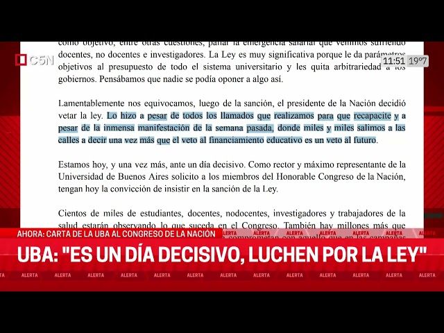 ⁣CARTA de la UBA al CONGRESO de la NACIÓN: "ES UN DÍA DECISIVO, LUCHEN POR LA LEY"