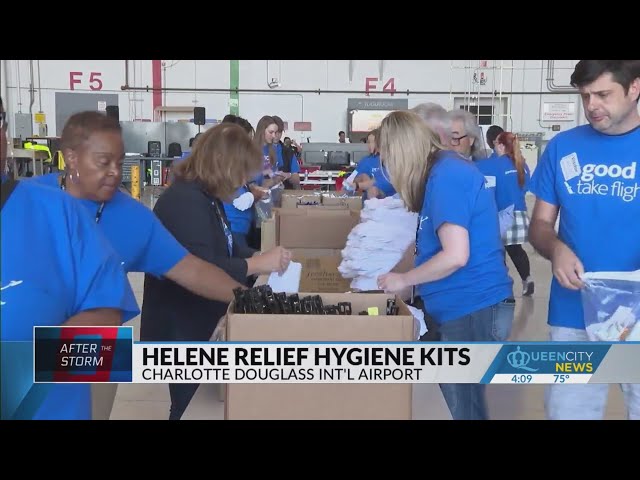 ⁣Volunteers at Charlotte airport packed hygiene kits for Helene victims