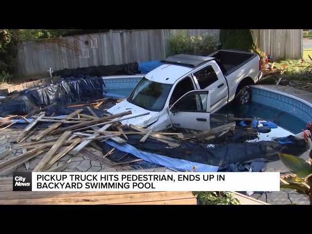 ⁣Pickup truck hits pedestrian in Whitby, lands in backyard swimming pool