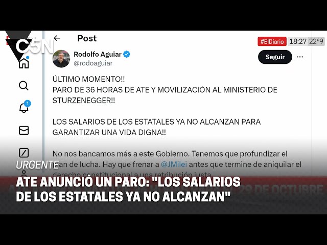 ⁣ATE anunció un PARO de 36 HORAS para el 29 de OCTUBRE