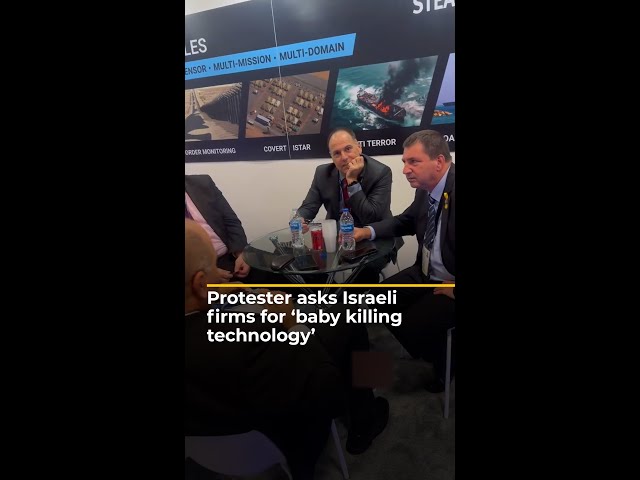 ⁣Protester asks Israeli weapons firms for 'baby killing technology’ | AJ #shorts