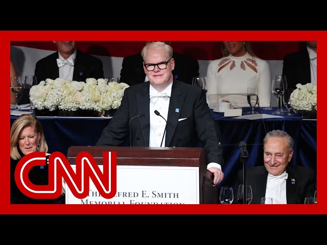 ⁣Comedian Jim Gaffigan takes aim at Donald Trump and Kamala Harris at Al Smith dinner