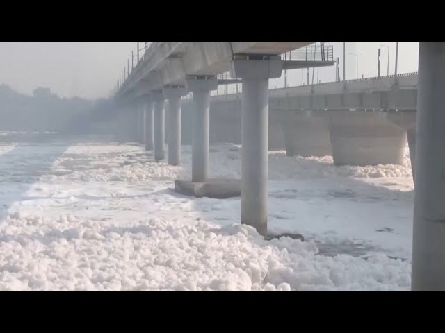 ⁣Sacred river in India covered in toxic foam