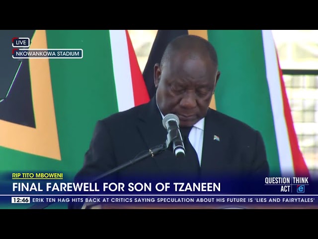 Cyril Ramaphosa addresses attendees at Tito Mboweni's funeral