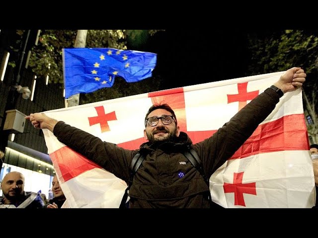 ⁣Thousands of Georgians join pro-EU march in Tbilisi ahead of next week's elections