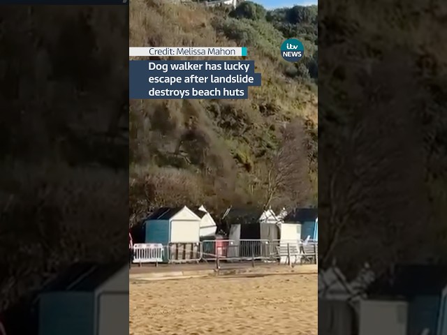 ⁣Dog walker has lucky escape after landslide destroys beach huts #itvnews