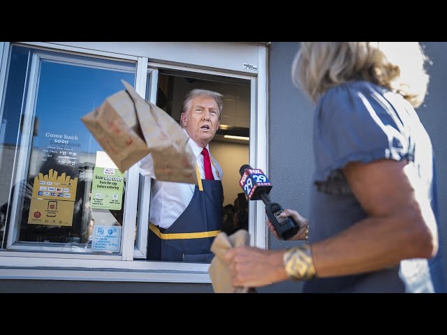 ⁣Donald Trump takes a ‘swipe’ at Kamala Harris while working at McDonalds