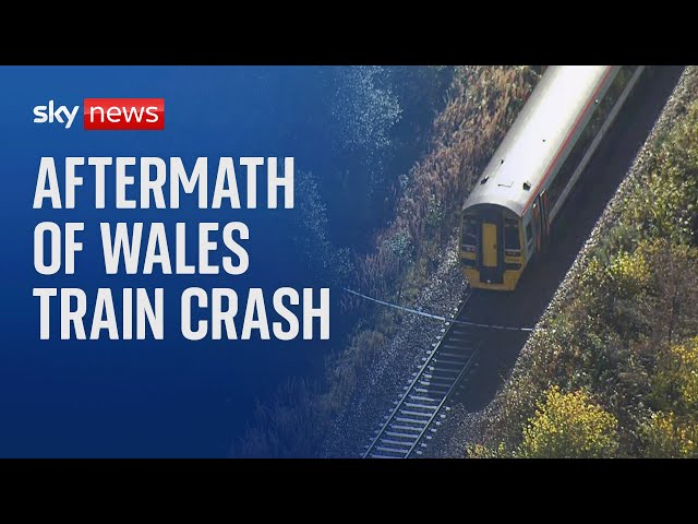 ⁣Aftermath of Wales train crash that killed one person and left 15 in hospital