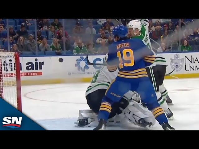 ⁣Sabres' Peyton Krebs Shows Off Hand-Eye Batting In Puck Off Crossbar vs. Stars