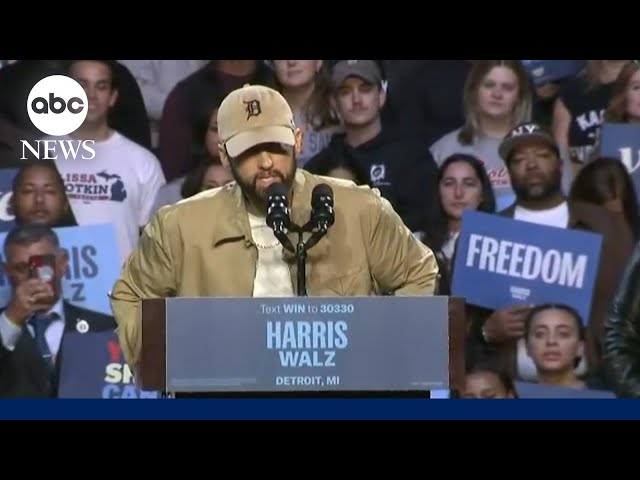 ⁣Eminem introduces Barack Obama at Kamala Harris rally in Detroit