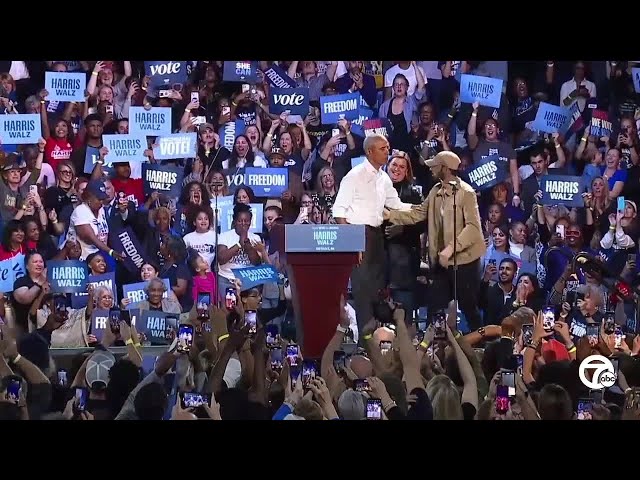 ⁣Barack Obama and Eminem rally voters for Kamala Harris in Detroit