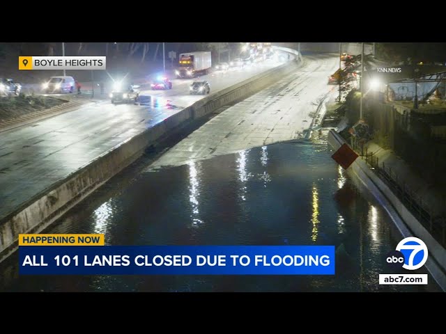 ⁣Flooding shuts down southbound 101 Freeway in Boyle Heights