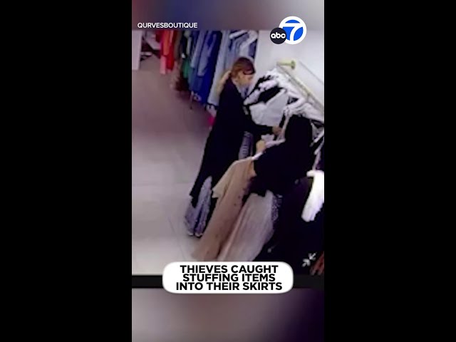 ⁣Thieves caught on video stuffing their skirts with merchandise at Burbank store