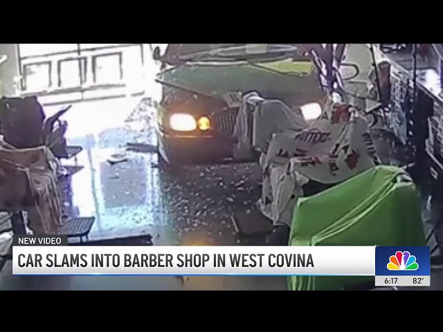 ⁣Car crashes into West Covina barber shop