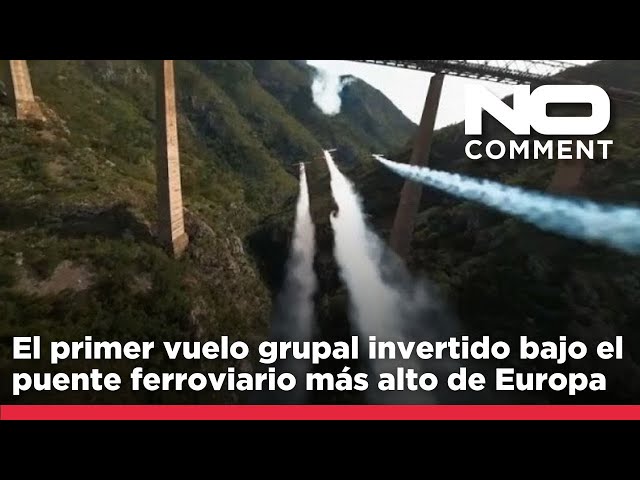 ⁣NO COMMENT: El primer vuelo grupal invertido bajo el puente ferroviario más alto de Europa