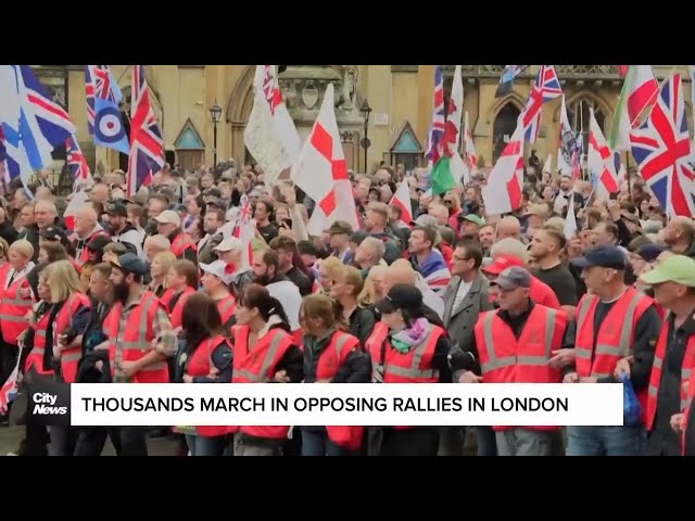 ⁣Thousands march in opposing rallies in London