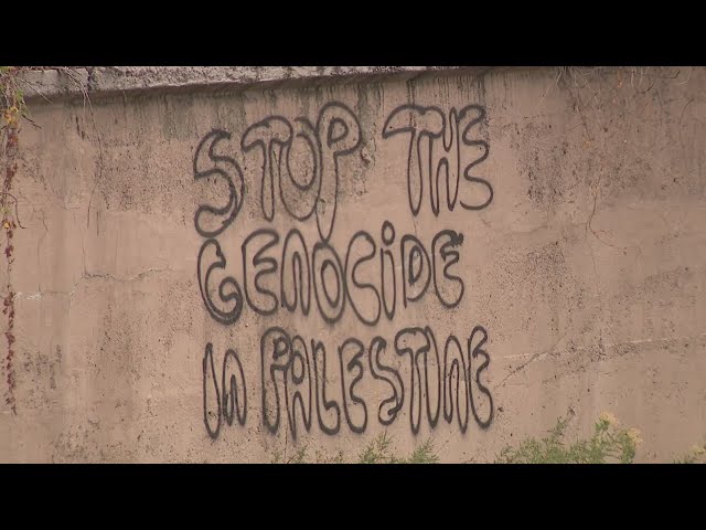 ⁣Denver crews cleaning up pro-Palestine graffiti along Cherry Creek Trail