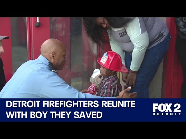 ⁣Detroit firefighters reunite with little boy they rescued