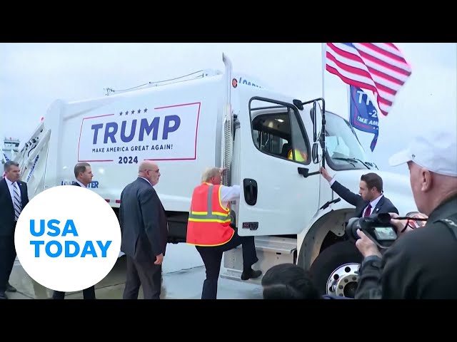 ⁣Trump responds to Biden's ‘garbage’ gaffe with MAGA trash truck | USA TODAY